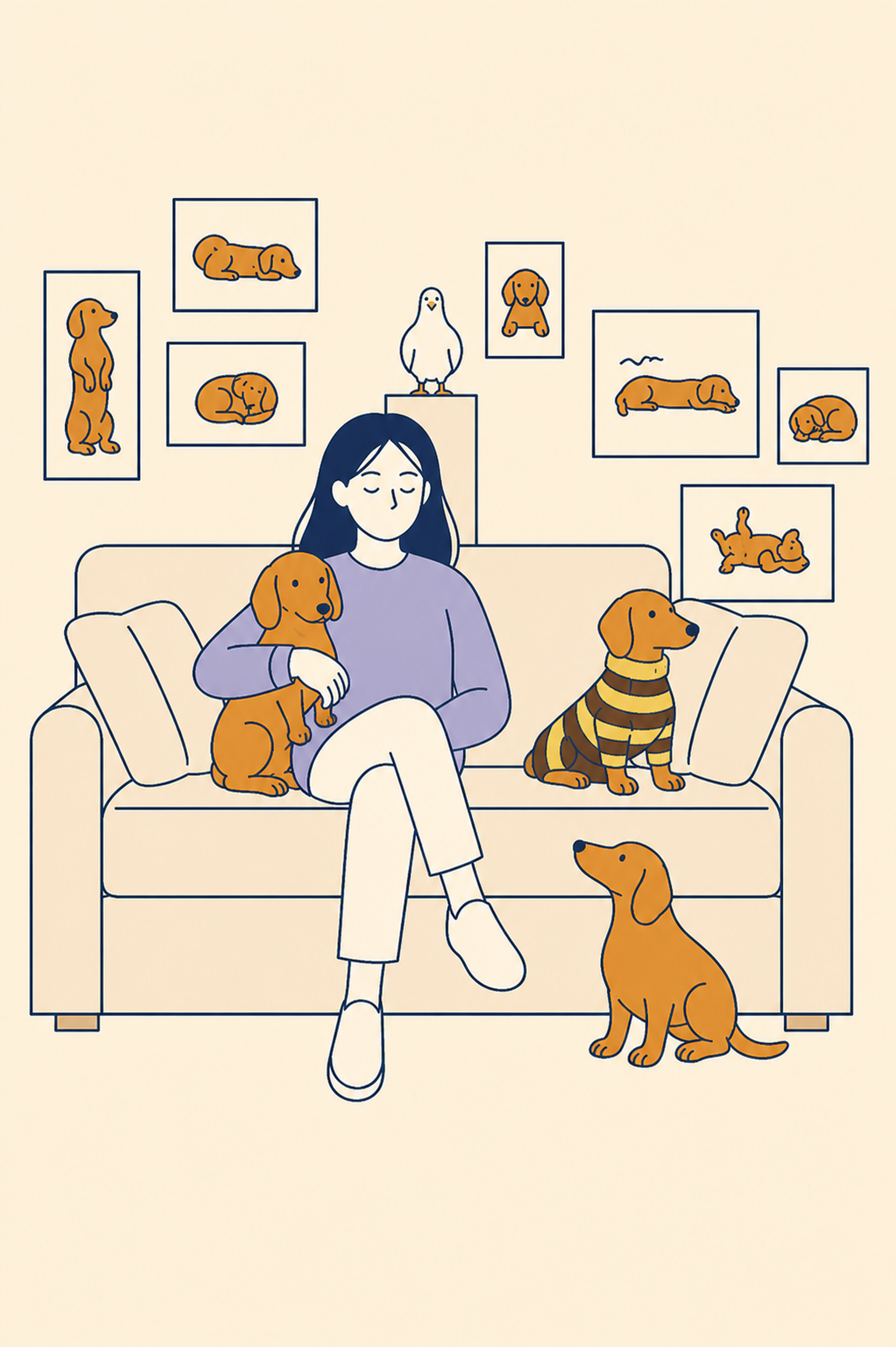 Tutora com seus dachshunds no sofá